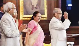  ??  ?? President Pranab Mukherjee gestures after his speech during his farewell ceremony in the Central Hall of Parliament in New Delhi on Sunday. Vice President Hamid Ansari and Lok Sabha Speaker Sumitra Mahajan are also seen