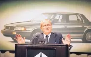  ?? MARIO CABRERA ?? Chrysler Corp. Chairman Lee Iacocca speaks at the Grand Hyatt Hotel in New York in 1989.