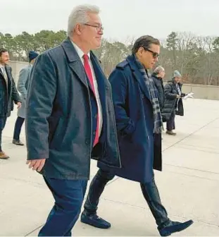  ?? AP ?? Truth-challenged former U.S. Rep. George Santos (right) and his attorney Joseph Murray leave Central Islip Federal Court on Long Island on Tuesday.