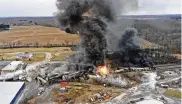  ?? GENE PUSKAR / ASSOCIATED PRESS ?? This photo taken with a drone shows portions of the Norfolk Southern freight train that derailed in East Palestine, Ohio.