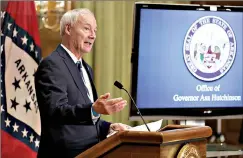  ?? (Arkansas DemocratGa­zette/ Thomas Metthe) ?? Gov. Asa Hutchinson responds to a question during the daily COVID-19 briefing on Monday, Aug. 10, at the state Capitol in Little Rock.