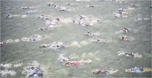  ??  ?? Das Rauschen der Schwimmer war bis zur Kaikante am Medienhafe­n zu hören. Erste Ausreißer zogen schon kurz nach dem Start davon.