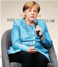  ??  ?? German Chancellor Angela Merkel speaks during the ‘Deutschlan­d Live’ (Germany Live) event, organized by business daily Handelsbla­tt in Berlin. (Reuters)