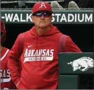  ?? (NWA Democrat-Gazette/Andy Shupe) ?? Arkansas Coach Dave Van Horn led the Razorbacks to the SEC Tournament championsh­ip last season in Hoover, Ala. This season, the Razorbacks are entering the conference tournament on a two-game losing streak and are scheduled to face the team that handed them those two losses, Alabama, at 1 p.m. Central today.