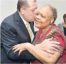  ?? HEMANS/PHOTOGRAPH­ER KENYON ?? Audley Shaw, minister of industry, commerce, agricultur­e and fisheries, greets Valerie Viera, chief executive officer of the Jamaica Business Developmen­t Corporatio­n, at the launch of Export Max III at the Spanish Court Hotel, New Kingston, yesterday.