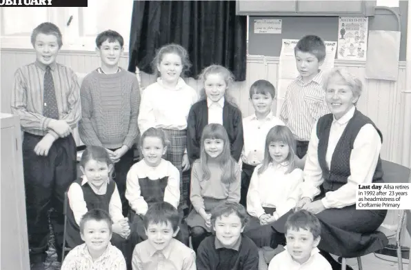  ??  ?? Last day Ailsa retires in 1992 after 23 years as headmistre­ss of Croftamie Primary