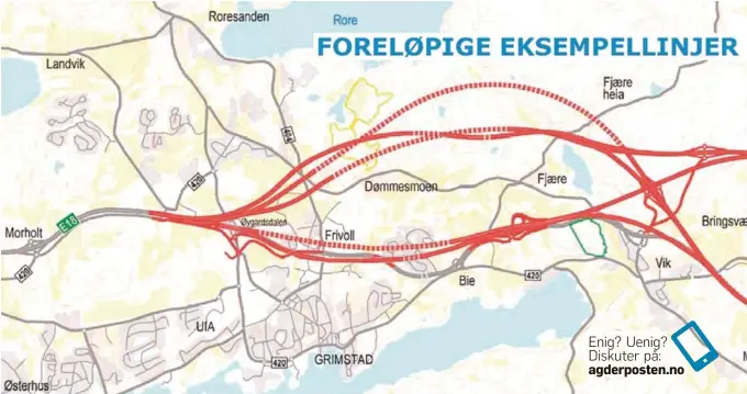  ?? KART: NYE VEIER AS ?? FEM LINJER KONSEKVENS­UTREDES: Fortsatt er det fem linjer for nye E18-motorveien som konsekvens­utredes naer Grimstad by.