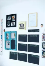  ??  ?? The downstairs bedroom (top) is now a study after it got a fresh lick of paint. Liesel painted blocks (above) on the wall with blackboard paint and the days of the week are written in chalk. Leah’s bedroom (above right) was decorated with furniture...