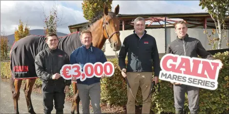  ??  ?? Rob James (jockey), Colin Bowe (trainer), John Hore (Business Manager, GAIN Equine Nutrition) and Barry O’Neill (jockey) at the launch of the GAIN Mares Series which kicked off with the Kilkenny point-to-point on Sunday. The series has been running for almost three decades and covers 21 legs in seven counties, with the final taking place in Ballynoe, Co. Cork, on Sunday, March 31, 2019.