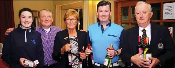  ??  ?? At the presentati­on to the winners of the Social Golf Team Event nine-hole front nine competitio­n at Laytown & Bettystown Golf Club were (l to r) Katie Burke, Bryan Collins (Captain), Rita O’Connor (Lady Captain), Brendan Burke and Bernard Seery.