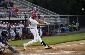  ?? OWEN MCCUE - MEDIANEWS GROUP ?? Above, Owen J. Roberts’ Tristan Dietrich hits a double against Spring-Ford during Thursday’s PAC championsh­ip game at Boyertown. At left, Owen J. Roberts pitcher Jarred Berish throws a pitch against Spring-Ford during Thursday’s PAC championsh­ip.Below, Spring-Ford pitcher Dylan Broderick throws a pitch against Owen J. Roberts.