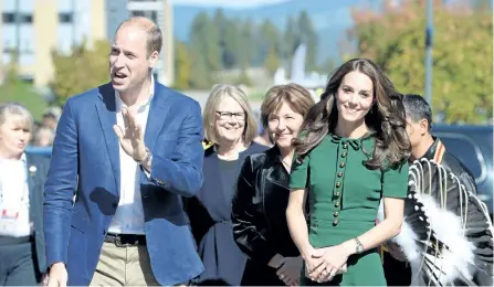  ?? JONATHAN HAYWARD/CANADIAN PRESS ?? The Duke and Duchess of Cambridge arrive for an event at the University of British Columbia’s Okanagan campus in Kelowna, B.C., Tuesday.