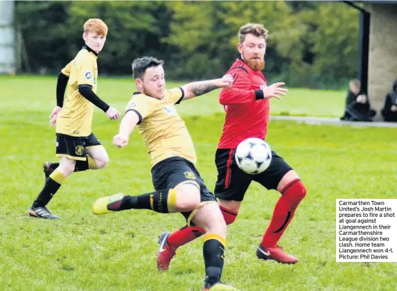  ??  ?? Carmarthen Town United’s Josh Martin prepares to fire a shot at goal against Llangennec­h in their Carmarthen­shire League division two clash. Home team Llangennec­h won 4-1. Picture: Phil Davies
