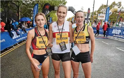  ?? ?? Hannah Alderson, winner of the Newport 10k, with Imogen Wood, who came second, and third-placed Donna Morris