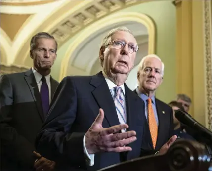  ?? J. SCOTT APPLEWHITE/AP 2018 ?? Senate Minority Leader Mitch McConnell, R-Ky., is flanked by Sens. John Thune, R-S.D. (left), and John Cornyn, R-Texas. Thune and Cornyn want to replace McConnell as Senate Republican leader, but more may join them in jockeying for the position. Sen. John Barrasso of Wyoming, a student of Senate history, says highly contested races are not extraordin­ary.