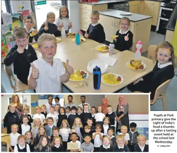  ??  ?? Pupils at Park primary give the Light of India’s food a thumbs up after a tasting event held at the school last Wednesday. 17_t28park01