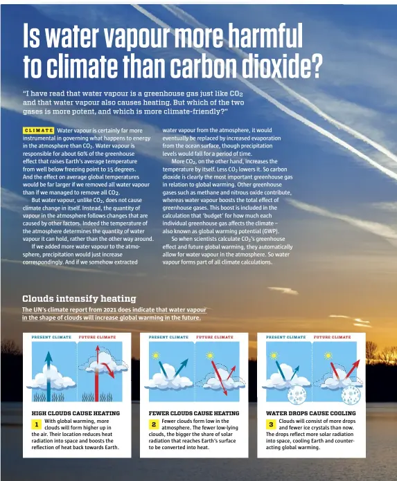  ?? ?? Clouds intensify heating The UN’s climate report from 2021 does indicate that water vapour in the shape of clouds will increase global warming in the future.