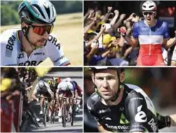  ??  ?? VITTEL: A combinatio­n of pictures shows (From L, Up to bottom) Slovakia’s Peter Sagan riding; France’s Arnaud Demare crossing the finish line; Slovakia’s Peter Sagan (2ndL) giving a kick of elbow and Great Britain’s Mark Cavendish (L) falling near the...