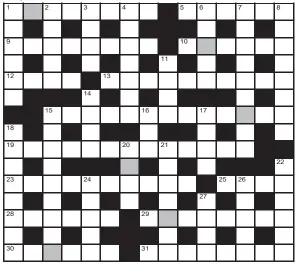  ??  ?? FOR your chance to win, solve the crossword to reveal the word reading down the shaded boxes. HOW TO ENTER: Call 0901 293 6233 and leave today’s answer and your details, or TEXT 65700 with the word CRYPTIC, your answer and your name. Texts and calls cost £1 plus standard network charges. Or enter by post by sending completed crossword to Daily Mail Prize Crossword 16,574, PO Box 28, Colchester, Essex CO2 8GF. Please include your name and address. One weekly winner chosen from all correct daily entries received between 00.01 Monday and 23.59 Friday. Postal entries must be date-stamped no later than the following day to qualify. Calls/texts must be received by 23.59; answers change at 00.01. UK residents aged 18+, exc NI. Terms apply, see Page 60.