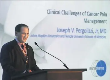  ?? Mundipharm­a ?? JOSEPH PERGOLIZZI addresses an April cancer pain seminar in Brazil sponsored by Mundipharm­a. Consultant­s like Pergolizzi are key to helping Mundipharm­a overcome obstacles to selling painkiller­s abroad.