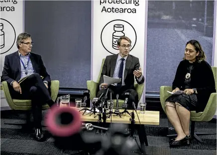 ?? ROBERT KITCHIN/STUFF ?? Health Ministry deputy director-general of data and digital Shayne Hunter, director-general Ashley Bloomfield and Counties Manukau DHB chief executive Fepulea’i Margie Apa answer questions during a media briefing on the vaccine rollout on Thursday.
