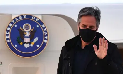  ?? Photograph: Reuters ?? The US secretary of state, Antony Blinken, gestures after landing at Stansted airport, before the G7 meeting in London.