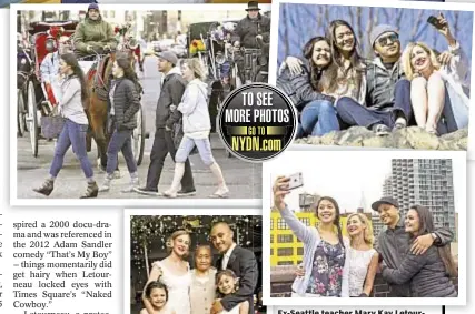  ??  ?? Ex-Seattle teacher Mary Kay Letourneau wed former student Vili Fualaau in 2005 (l.). The couple, with daughters Georgia and Audrey, snap selfies and enjoy visit last week in NYC.