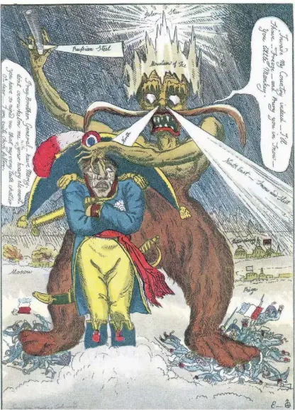  ?? FOTO: IMAGO ?? Ein Cartoon aus dem Jahr 1812 zeigt den mit seinem Russlandfe­ldzug gescheiter­ten Napoleon Bonaparte, der von „General Frost“, dem personifiz­ierten Winter, „rasiert“wird.