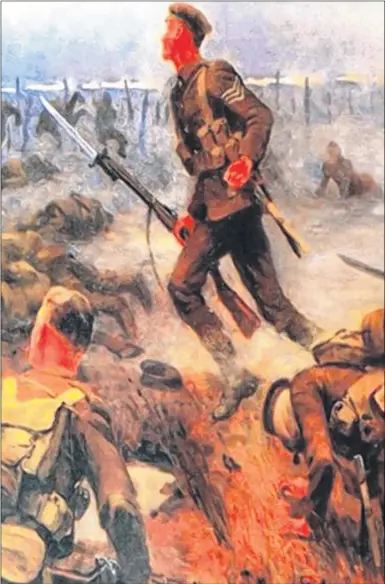  ??  ?? This painting by Ernest Ibbetson depicts the heroic Sgt Harry Wells, who died leading an attack on German lines at the Battle of Loos in 1915; he made it to within 15 yards of the wire
