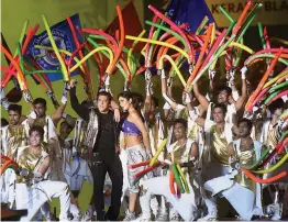  ?? — PTI ?? Film stars Katrina Kaif and Salman Khan with performers during the ISL 2017 opening ceremony at Jawaharlal Nehru Internatio­nal Stadium Kochi on Friday.