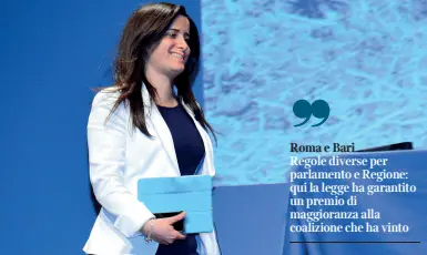  ??  ?? A destra Antonella Laricchia, 32 anni, laureanda in Architettu­ra. Alle Regionali del 2015 si è candidata alla presidenza della Regione per il M5S. È risultata la seconda candidata più votata alla carica di presidente: per questa ragione è stata eletta...