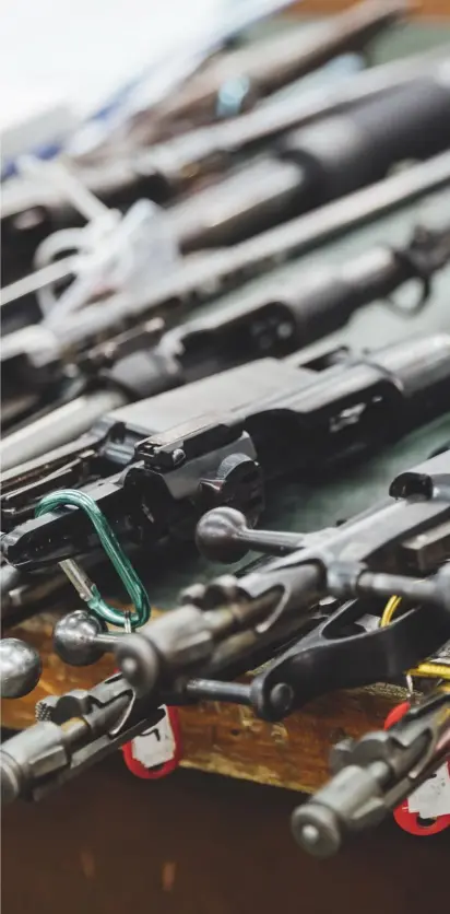  ??  ?? Rifle barrels awaiting testing at the London Proof House; they test in excess of 25,000 weapons a year