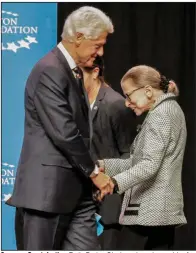  ?? (Democrat-Gazette file photo) ?? Supreme Court Justice Ruth Bader Ginsburg is welcomed by former President Bill Clinton on Sept. 3, 2019, at her appearance at then-Verizon Arena in North Little Rock. Clinton appointed Ginsburg to the Supreme Court in 1993. More photos at arkansason­line. com/919verizon/.