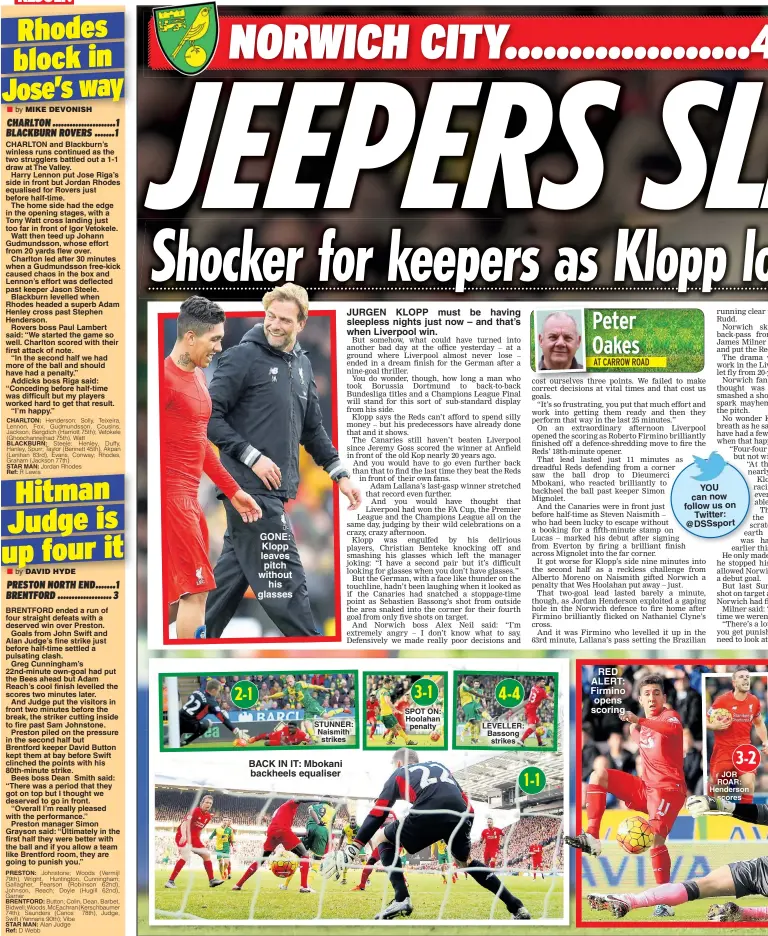  ??  ?? GONE: Klopp leaves pitch without
his glasses BACK IN IT: Mbokani backheels equaliser JURGEN KLOPP must be having sleepless nights just now – and that’s when Liverpool win. STUNNER: Naismith
strikes SPOT ON: Hoolahan
penalty LEVELLER:...