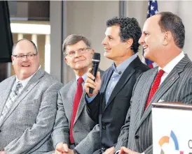  ?? [PHOTO BY JIM BECKEL, THE OKLAHOMAN] ?? Allan Trimble with, from left, Ken Mendenhall, Mat Hoffman and Joe Castiglion­e, discuss their careers Monday after being named as members of the 2018 Oklahoma Sports Hall of Fame class.