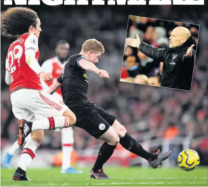  ??  ?? STUNNING De Bruyne shrugs off Matteo Guendouzi to net the third as Ljungberg looks baffled