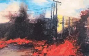  ??  ?? “Calle en llamas”. Con cuatro colores la artista devora el espacio, entre calle y cielo cabe este infierno, que conste, nada quema más que una pintura ardiendo en la memoria.
