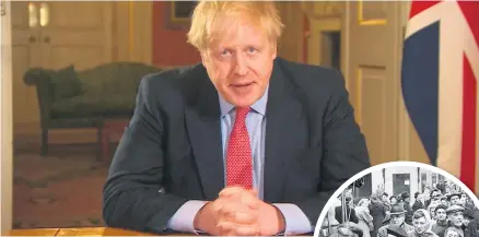  ??  ?? Boris Johnson making his announceme­nt on lockdown, and (inset) people queuing up to buy bread during World War II