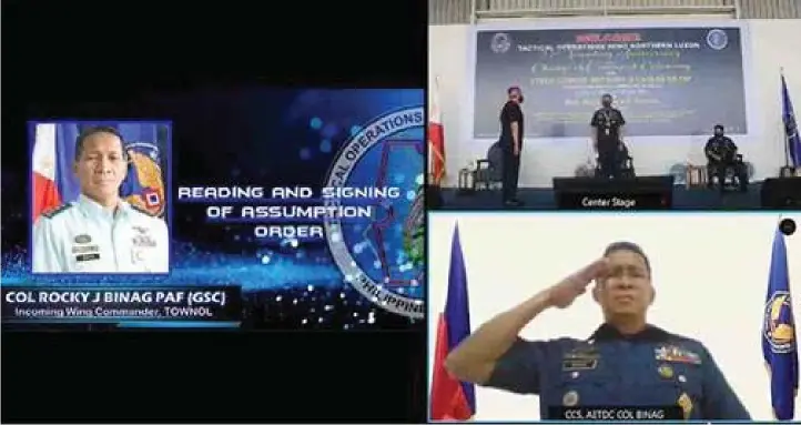  ?? NEW TOWNOL COMMANDER. (PAF TOWNOL) ?? Incoming Tactical Operations Wing Northern Luzon (TOWNOL) Wing Commander Col. Rocky Binag attends via video teleconfer­encing the TOWNOL Anniversar­y Celebratio­n and Change of Command ceremony.