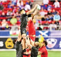 ?? — AFP photo ?? New Zealand are safely through to the Cup quarter-finals with one game remaining in pool play thanks to wins over Samoa and Canada on the opening day of the Las Vegas Sevens.