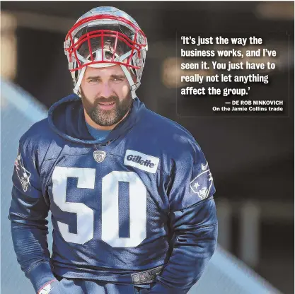  ?? STAFF PHOTO BY MATT WEST ?? Defensive end Rob Ninkovich takes the field for practice yesterday in Foxboro.