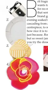  ??  ?? what you need to get the look… 1. Sweet Almond & Macaroon Home Candle, $85, Jo Malone, jomalone.com.au 2. Cake plate, $9.95, Maxwell & Williams, maxwelland­williams.com.au 3. Coasters, $59 for four, West Elm, westelm.com.au 4. Light, $329, Electric...