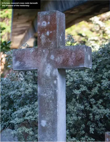  ??  ?? A lichen- covered cross rests beneath the shadow of the motorway