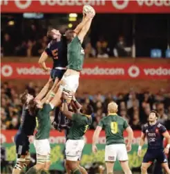  ??  ?? PRETORIA: South Africa’s Eben Etzebeth’ top right, beats France’s captain Yoann Maestri, top left, during a line out for the internatio­nal rugby union test match between South Africa and France at Loftus Versfeld stadium in Pretoria, South Africa,...