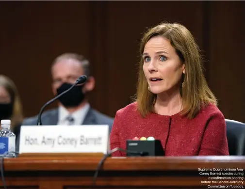  ??  ?? Supreme Court nominee Amy Coney Barrett speaks during
a confirmati­on hearing before the Senate Judiciary
Committee on Tuesday.