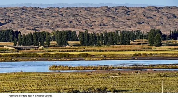  ??  ?? Farmland borders desert in Gaotai County.