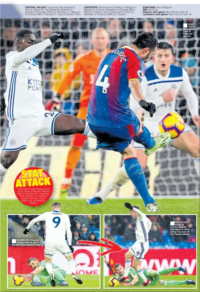 ??  ?? HANDS ON: Vicente Guaita tries to grab the ball from Jamie Vardy TAKE THAT: Milivojevi­c fires in Palace’s winner RULED OUT: Vardy is controvers­ially adjudged to have stolen the ball off the Palace keeper