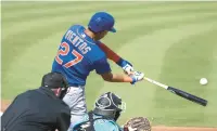  ?? ?? Mets prospect Mark Vientos smashes a three-run home run during the fifth inning of a March 4 spring training matchup against the Marlins in Jupiter, Fla.