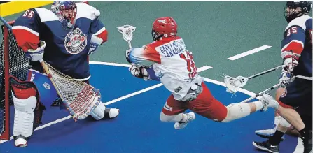  ?? CLIFFORD SKARSTEDT EXAMINER ?? Peterborou­gh Century 21 Lakers' Adam Jones fires the ball at Oakville Rock's goalie Nick Rose.