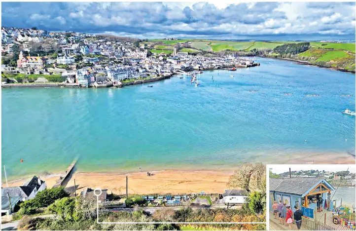  ?? ?? The beach hut in East Portlemout­h, which has views across the estuary to Salcombe, has been leased to the Venus Cafe chain since 1997 and run as a beachfront ice cream kiosk, inset. It is now being sold by Rufus Gilbert, its owner